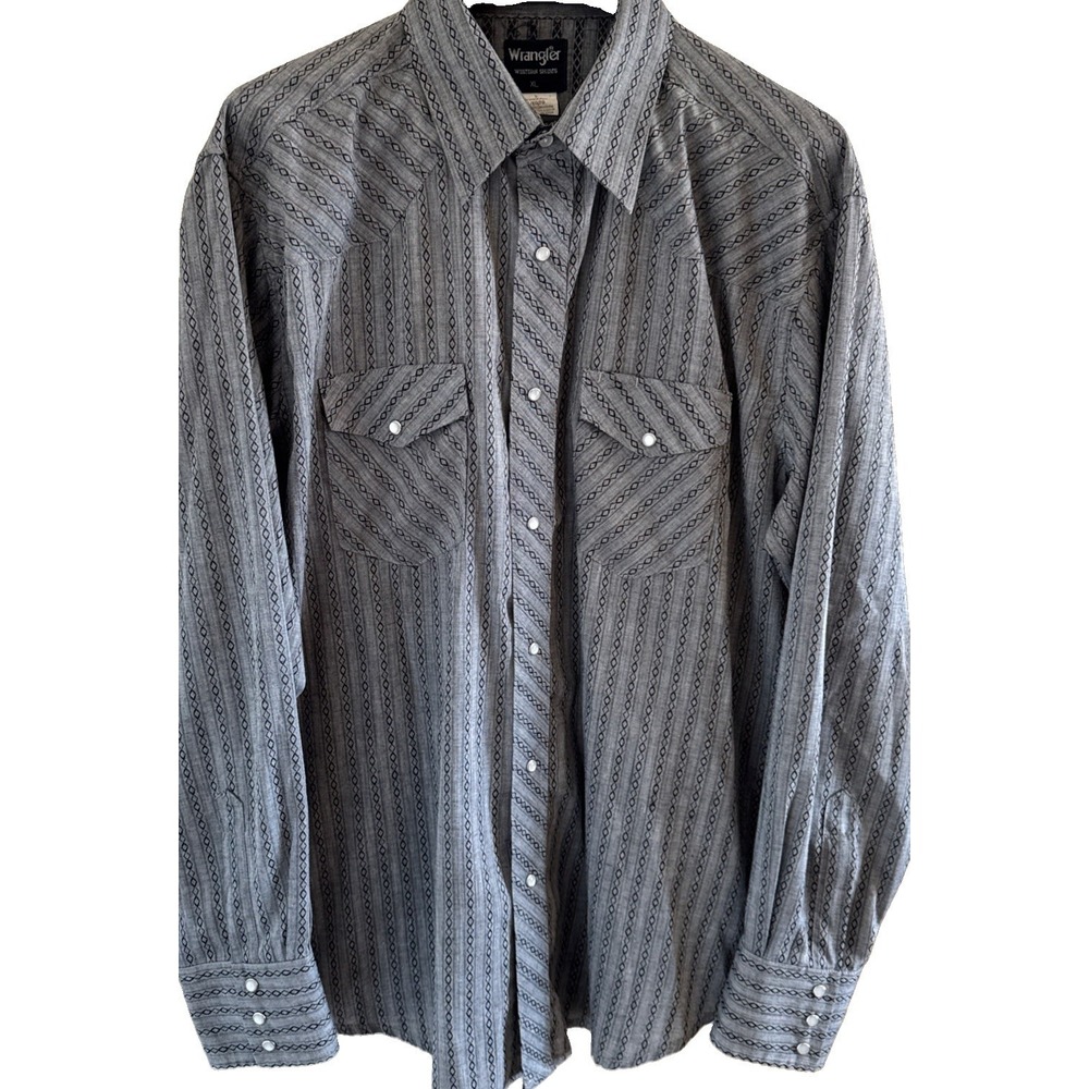 Vintage Wrangler Shirt Pearl‎ Snap Button Down Gray Striped Diamonds Mens XL 90s